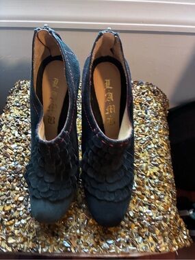 L.A.M.B. Black Suede Floral Petal Heeled Booties